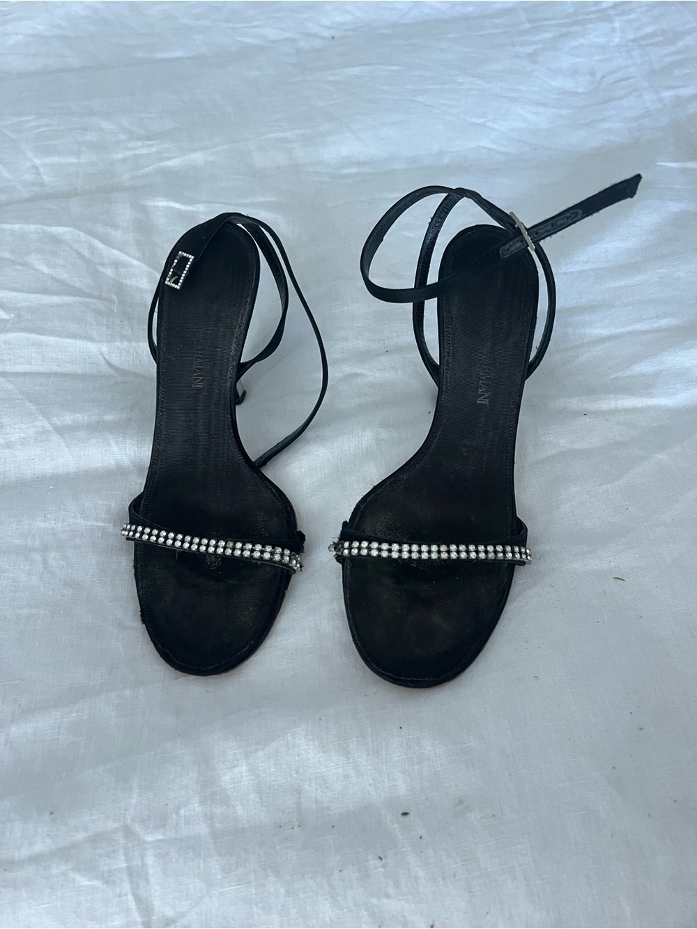Emporio Armani Black Rhinestone-Trim Strappy Heels